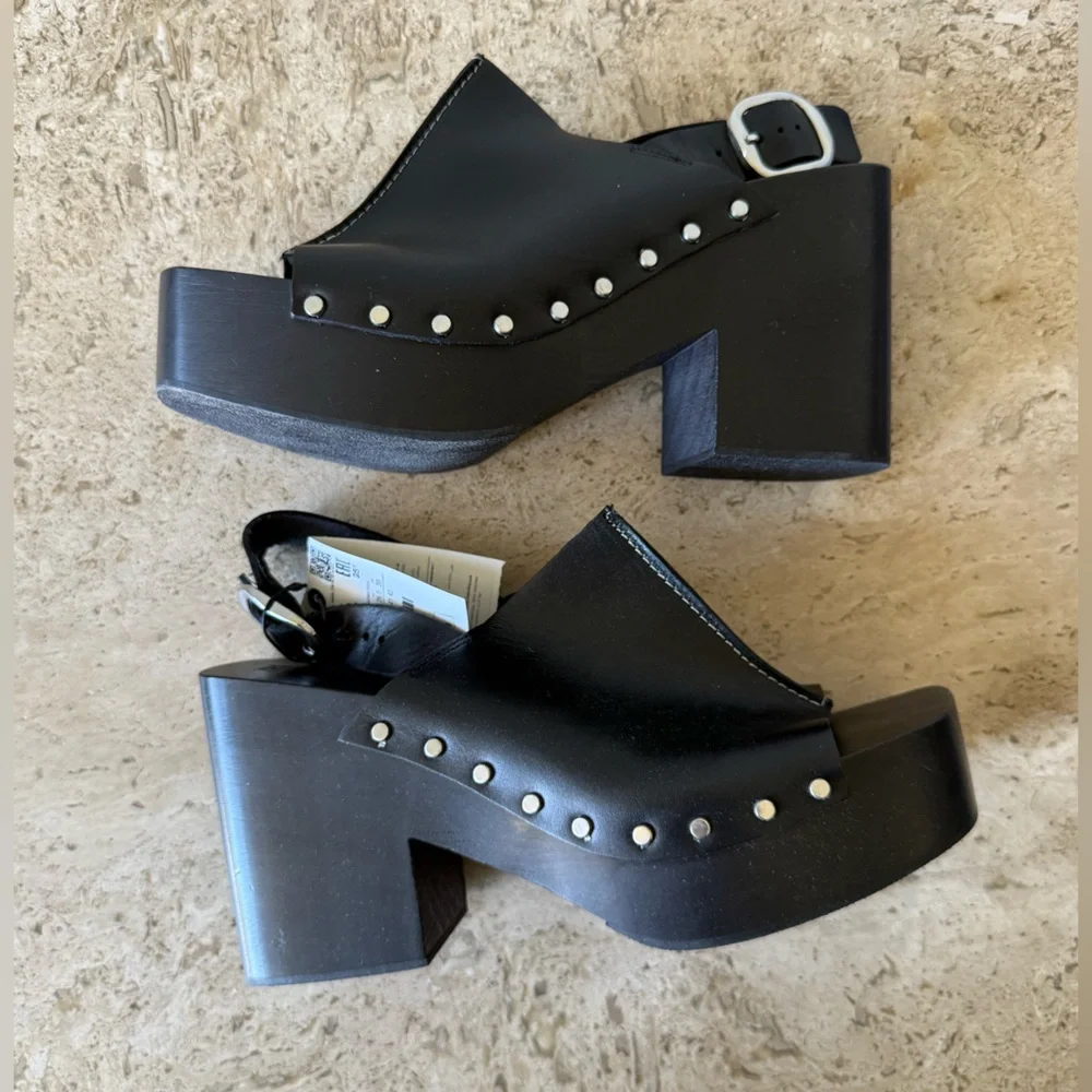 ZARA Slimg Back Leather and Wood Platform Clog - Picture 10 of 11